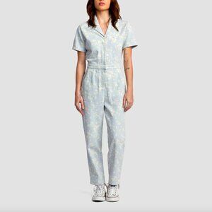 RVCA NIGHTSHIFT Floral Utility Cotton Jumpsuit Blue Size Small